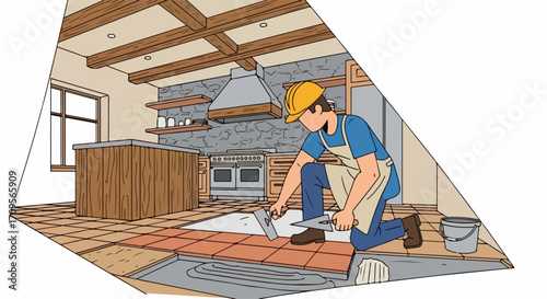 Home improvement worker laying floor tiles on kitchen floor during remodeling construction project. Home improvement construction worker applies mortar with trowel,