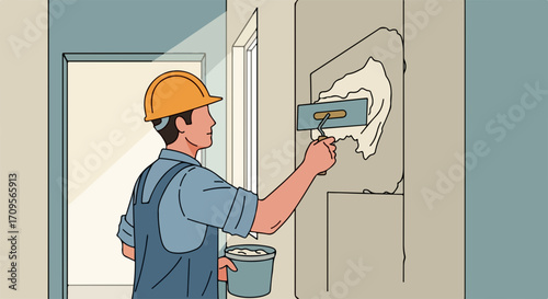 Construction worker at wall with trowel filling hole with plaster, applying plaster to wall. El trabajador de la construcción en la pared con la llana que llena el agujero con yeso,