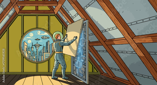 In home renovation, an astronaut is fixing the attic with panels in need of home renovation. This home renovation involves space age astronaut, modern materials and tools.