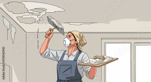 Woman applying plaster, restoring ceiling with damaged paint. Repair work includes preparing ceiling, filling holes, and applying plaster to ensure a smooth finish.