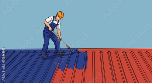 Roof painting with worker in overalls uses paint roller to apply blue coat, demonstrating roof painting techniques.