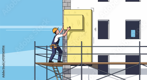 Construction worker installing insulation on building wall on scaffolding, worker completing construction job. Home construction and insulation of walls with yellow panels.