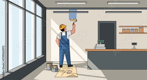 Painter painting ceiling with blue color, applying blue color using roller in interior premises. Painter performs work with blue color, renovation inside building, improving indoor space.