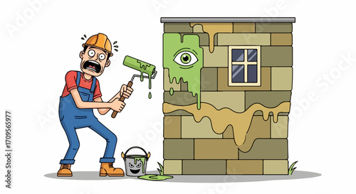 Builder and haunted wall with paint dripping and strange eye. Builder is shocked to see the haunted wall painted. For spooky season and Halloween designs, use this image of haunted wall.