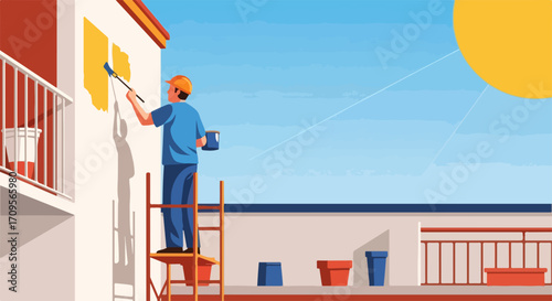 Exterior painting task on house balcony, man uses brush and paint bucket for exterior painting. Exterior painting is being carried out by handyman wearing a hard hat and blue shirt,