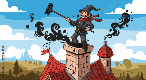 Chimney sweeper on roof cleaning chimney, with black smoke rising against blue sky. Chimney sweep at work indicates skill and dedication to job.