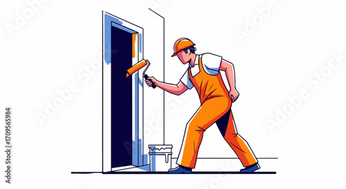 Door painting with focused worker in orange uniform uses paint roller to refresh interior. Door painting shows dedication, skill, and effort as worker applies paint evenly to frame.