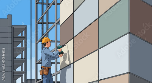 Worker building facade with drill, installing colorful facade panels. Construction worker secures facade components and elements, construction worker builds durable structure for residential complex.