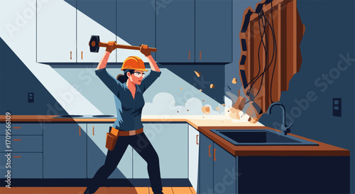 Woman breaking wall in kitchen with sledgehammer, symbolizing home improvement. Wall demolition demonstrates concept home improvement project, as skilled worker tackles renovation.