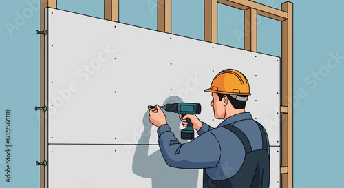 Wall installation depicted with gypsum panels and timber frame. Wall installation with plasterboard shows handyman fixing panel. Wall installation provides design for home renovation.