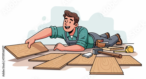 Flooring installation showing cheerful handyman installing parquet floor, holding wood plank. Flooring installation requires precision and expertise, laying down parquet piece by piece.