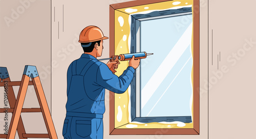 Worker installing window frame with power tool in hand, construction site with ladder and equipment. Construction worker installing window frame with power drill. Concept construction work.