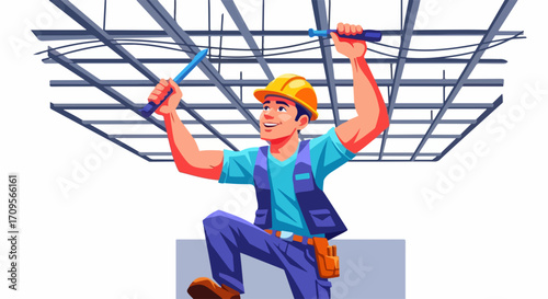 Vector illustration of construction worker in hard hat holding tools on scaffolding structure. Construction worker with tool belt and safety vest working on building site.