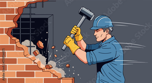 Brick wall demolition portrayed with worker striking with sledgehammer. Brick wall demolition of sturdy structure by focused construction worker using force with heavy tool,