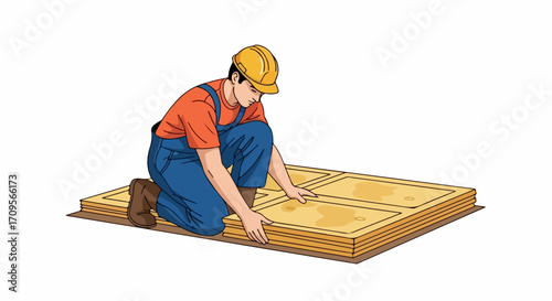 Construction worker in hard hat installing insulation panels for building efficiency and energy saving in vector style.