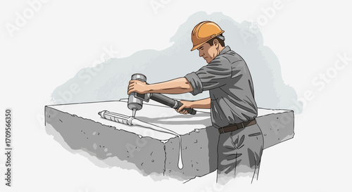 Construction worker applying sealant to concrete surface with caulking gun. Construction worker performing building maintenance task. Professional construction worker for industrial projects.