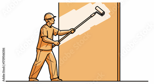 Painting wall with paint roller, man with paint roller renovates interior surface with even strokes. Painting wall is labor intensive task.