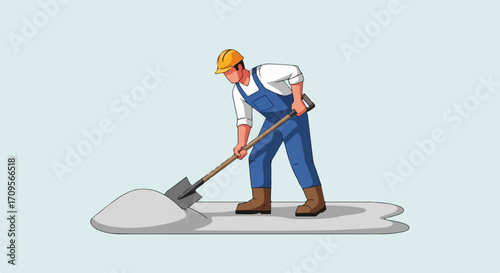 Construction worker digging with shovel on site. Construction worker preparing materials for building project. Concept construction worker for industry and labor.