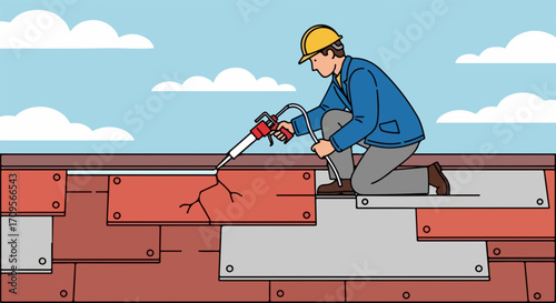 Repairing roof with sealant requires skilled worker. Applying sealant to roof cracks is important for home maintenance, ensuring proper insulation.