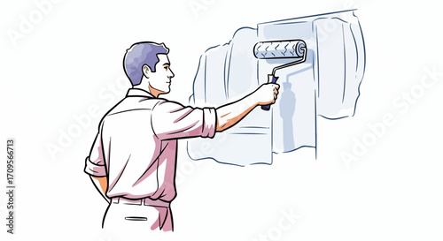 Man painting wall with roller brush, home renovation vector illustration. Professional painter applying white color to surface, covering furniture with protective sheets.