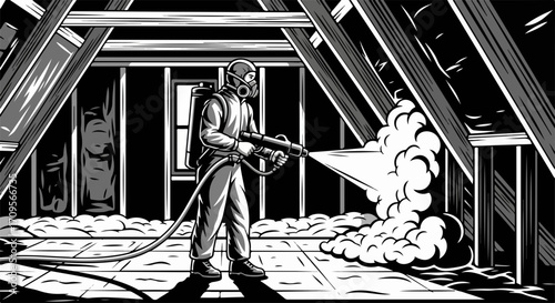 Pest control professional in protective suit spraying insecticide in attic space. Attic fumigation service for home protection and rodent extermination.