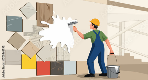 Painting wall with paint roller, painting wall with construction worker in workwear and yellow helmet near various tiles. Process painting wall during renovation and construction,