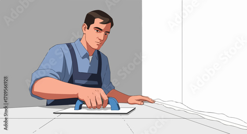 Construction worker applying plaster with trowel tool on wall surface, professional builder performing interior renovation work, skilled craftsman creating smooth finish vector illustration.