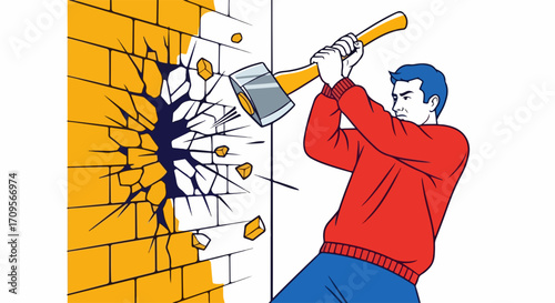 Man breaking wall with sledgehammer, destruction concept for renovation or demolition. Man destroying brick wall, construction work, renovation project, building demolition, and structural change.