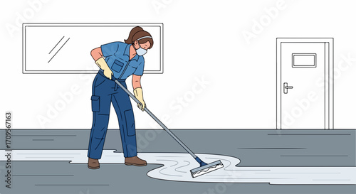 Cleaning service worker with a mop cleaning floor in office building, worker wearing face mask and gloves for safety. Cleaning service employee mopping up water, ensures pristine conditions.
