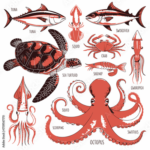 Collection of Watercolor Sea Creatures Tuna Swordfish Octopus Squid Crab Shrimp Sea Turtle.