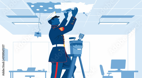 Military repair for damaged office ceiling. Soldier on ladder performs essential building maintenance, military repair professional working in corporate setting.