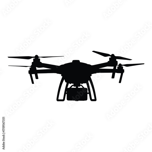Silhouetted quadcopter drone with payload ready for aerial operations and photography silhouette