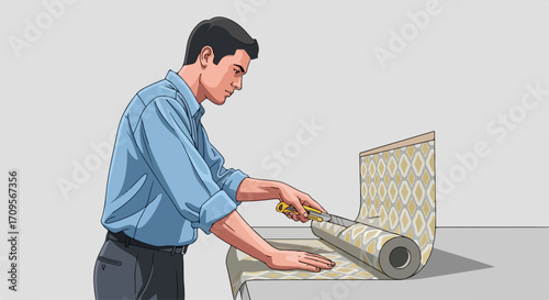 Man cutting wallpaper with utility knife on flat surface. Worker cutting wallpaper roll for home renovation project, preparing wall covering for installation.