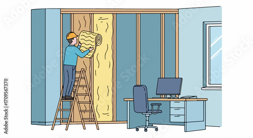Worker installing wall insulation on interior wall frame, standing on ladder placing mineral wool batts. Wall insulation task shows professional securing thermal material for soundproofing,