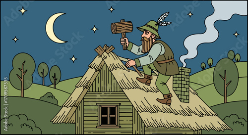 Bearded man performing thatched roof repair on rustic house under starry night. Traditional craftsman hammers old straw roof, smoke from chimney depicts rural thatched roof repair.