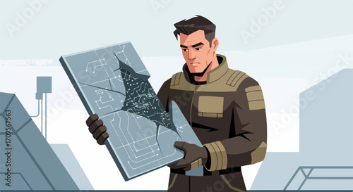 Man holding broken panel in industrial landscape, shattered panel shows damage and complexity. Holding broken panel is serious work, showing need for advanced repair or replacement.