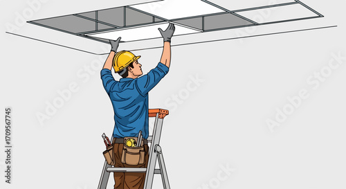Man installing ceiling, placing light panel into drop ceiling, standing on stepladder. Installing ceiling is a job for professional handyman, ensuring safety and precision,