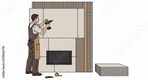 Man doing drywall installation, fixing plasterboard to wall studs. Builder uses drill for interior construction, making room with fireplace opening. Drywall installation concept for home renovation,