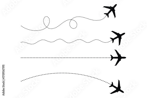 Airplane with dotted line route. flying plane with twisted, curved and straight dashed trace path vector illustration with png.