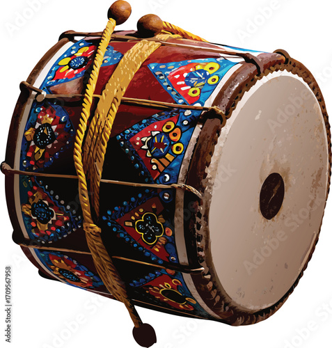 Colorful Dhol Drum with Decorative Patterns musical instrument