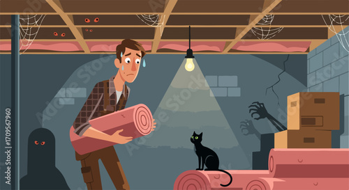 Man carrying insulation rolls in spooky basement, black cat observes. Overwhelmed homeowner performs repairs amid cobwebs, shadows, glowing eyes within mysterious spooky basement.