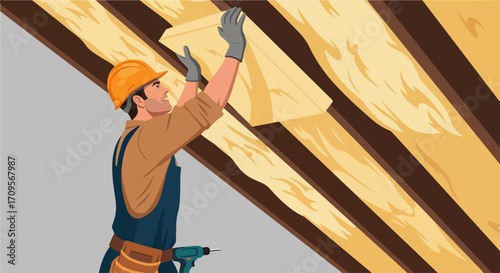 Insulation work with worker installing insulating material in ceiling. Home insulation project shows insulation work, and renovation provides comfort.