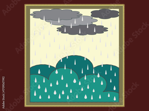 Dark gray clouds release heavy raindrops over dense green forest, creating a refreshing yet moody rainy atmosphere in the natural scene.