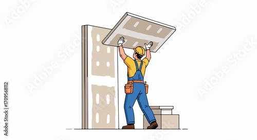 Home renovation project shows worker installing drywall panel on wall, drywall panel held high. Home renovation includes careful placement, proper tools, and safety gear for successful installation.