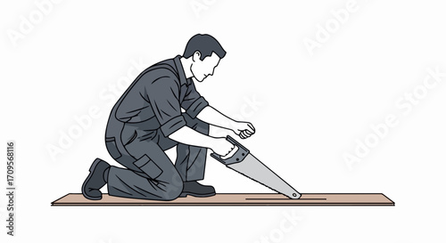 Man sawing wood, sawing wood, man working with hand saw on wooden plank. Sawing wood using manual tools for home improvement. The concept of sawing wood illustrates carpentry,