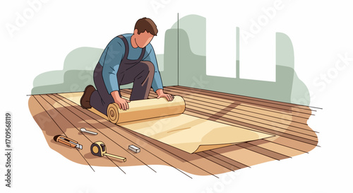 Construction worker installing flooring material, unrolling carpet or linoleum on wooden subfloor, home renovation vector illustration.