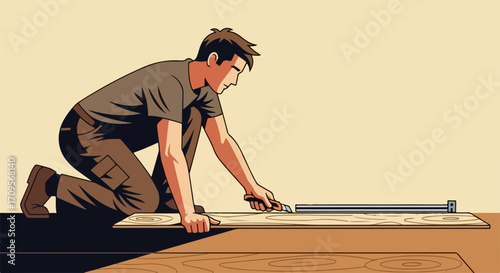 Skilled craftsman vector illustration installing wooden flooring with precision tools, home renovation project concept for interior design services.