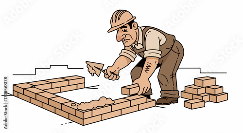 Construction worker laying bricks to build wall, cartoon of a construction worker building a wall with mortar. Cartoon construction worker character with a trowel tool placing bricks,