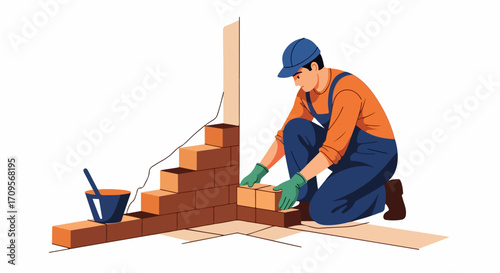 Construction worker building brick wall with mortar and tools, skilled labor laying bricks for house construction. Professional builder creating structure, concept construction industry.