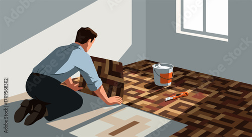Home renovation project, man installing flooring, DIY home improvement, interior design concept.